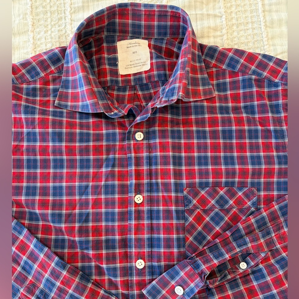 Billy Reid Red and Blue Plaid Casual Button-Down Shirt